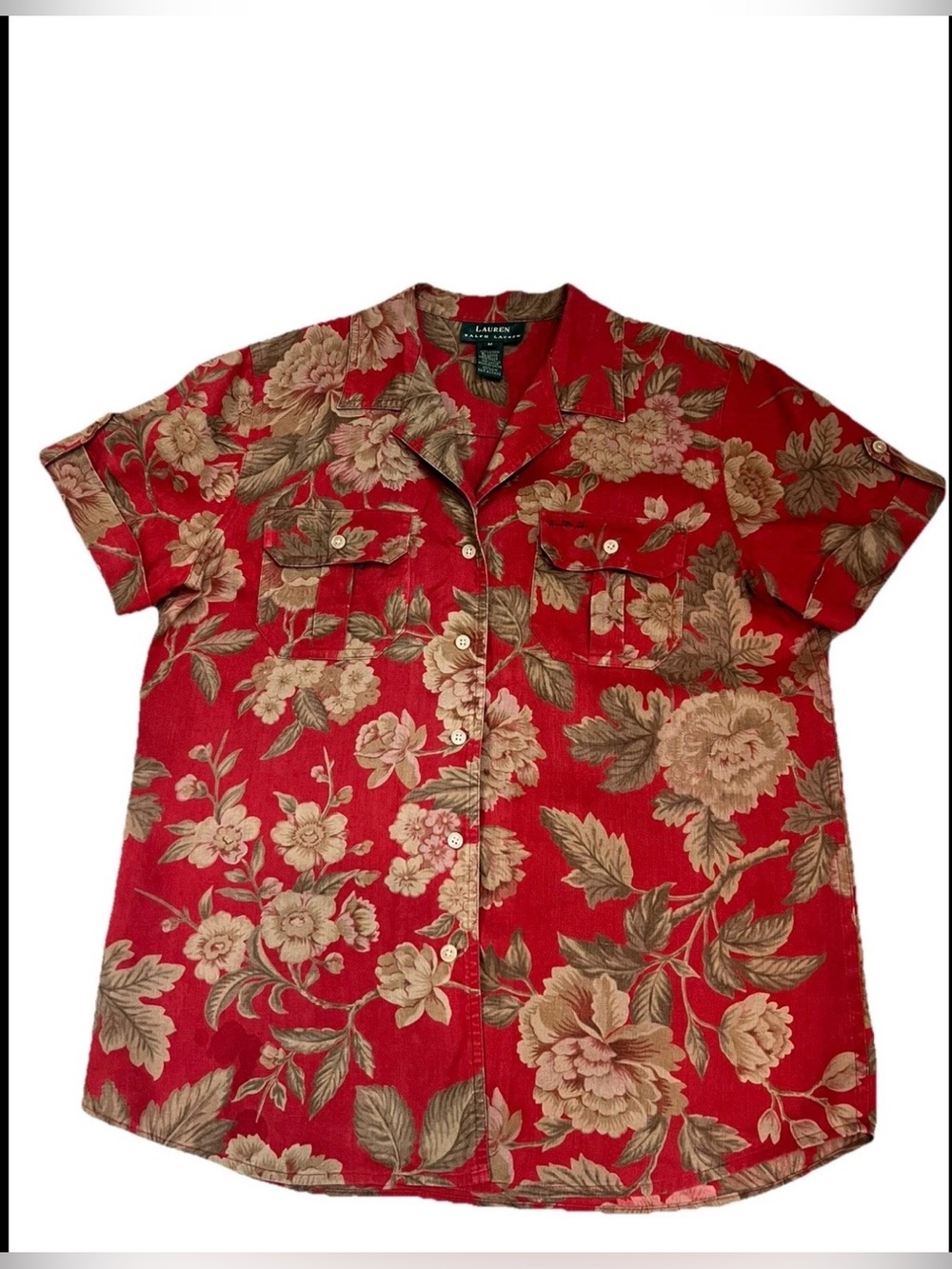 Lauren Ralph Lauren Womens Medium Short Sleeve 100% Linen Red Floral Button Down - Picture 3 of 11